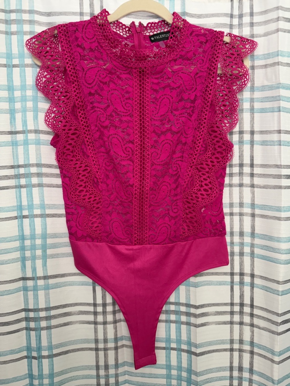 Valentino Fuchsia Lace Bodysuit with Scalloped Sleeves